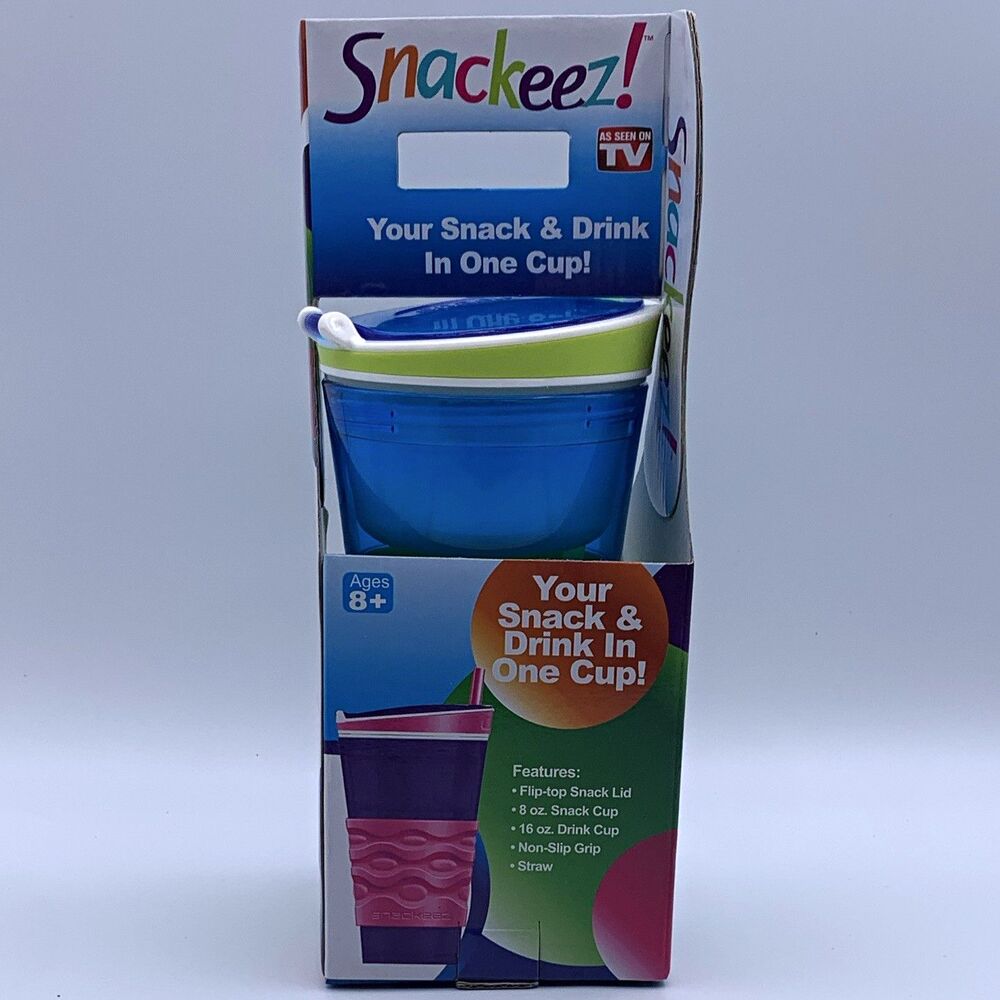 Snackeez 2-in-1 Snack & Drink Cup 16 oz Blue/Green Flip-Top Lid Straw
